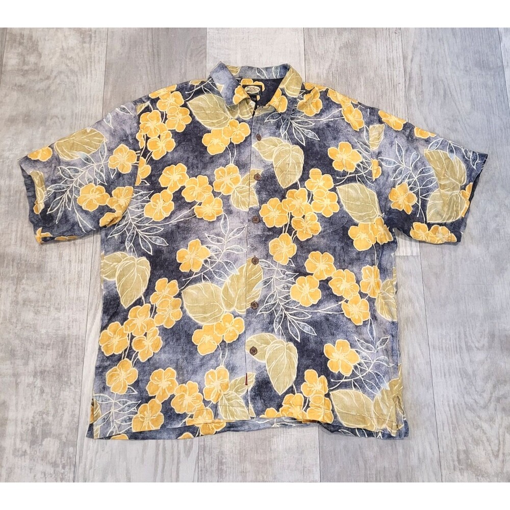 Tommy Bahama 100% Linen Size L Yellow Floral Camp Shirt Short Sleeve Tropical